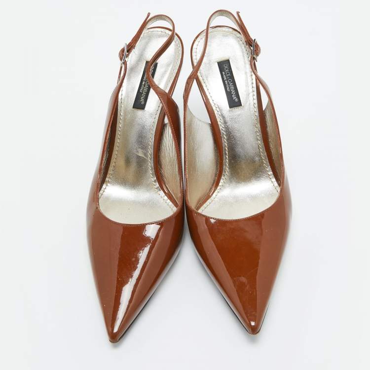 Pre Owned Dolce & Gabbana Brown Patent Leather Slingback Pumps Size 38