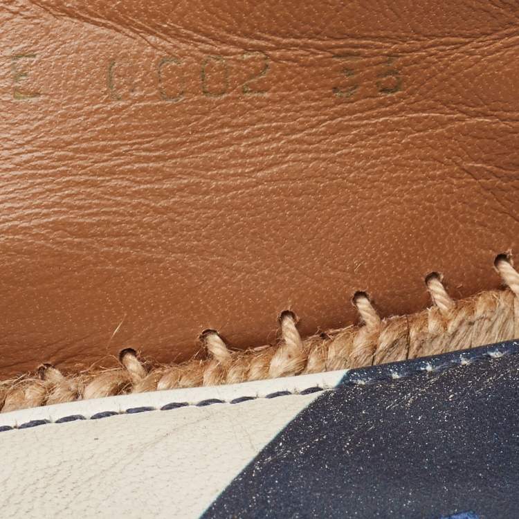 Pre Owned Dolce & Gabbana Navy Blue/White Striped Brocade Fabric Star Studded Espadrille Flats Size 36