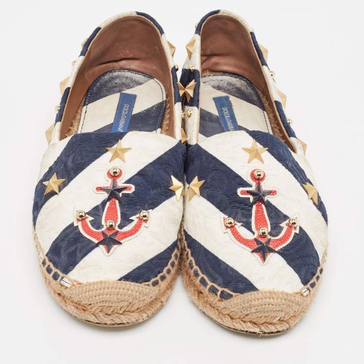 Pre Owned Dolce & Gabbana Navy Blue/White Striped Brocade Fabric Star Studded Espadrille Flats Size 36