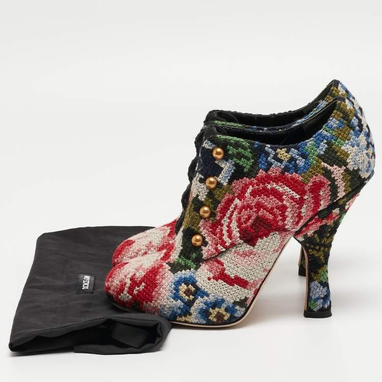 Pre Owned Dolce & Gabbana Multicolor Printed Cotton Blend Fabric Ankle Booties Size 38