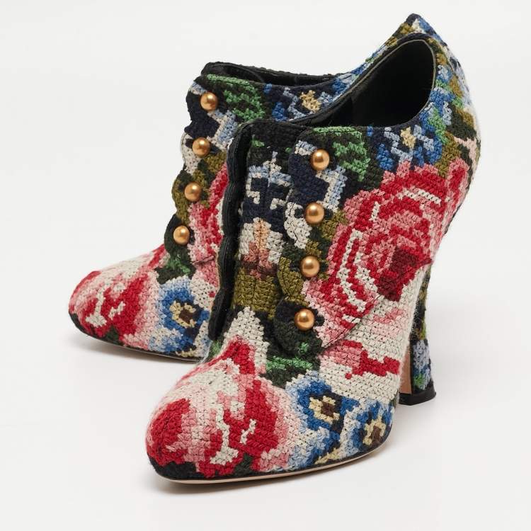 Pre Owned Dolce & Gabbana Multicolor Printed Cotton Blend Fabric Ankle Booties Size 38