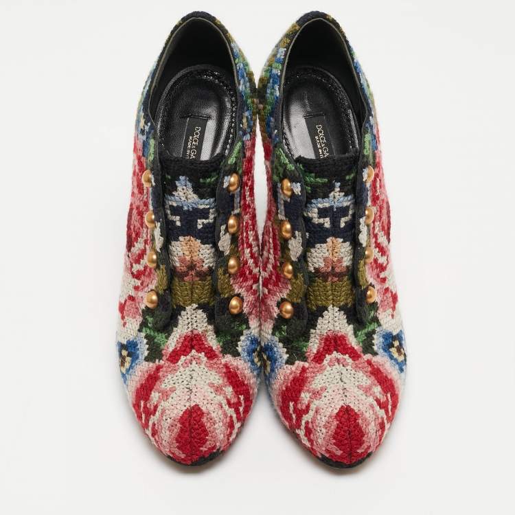 Pre Owned Dolce & Gabbana Multicolor Printed Cotton Blend Fabric Ankle Booties Size 38