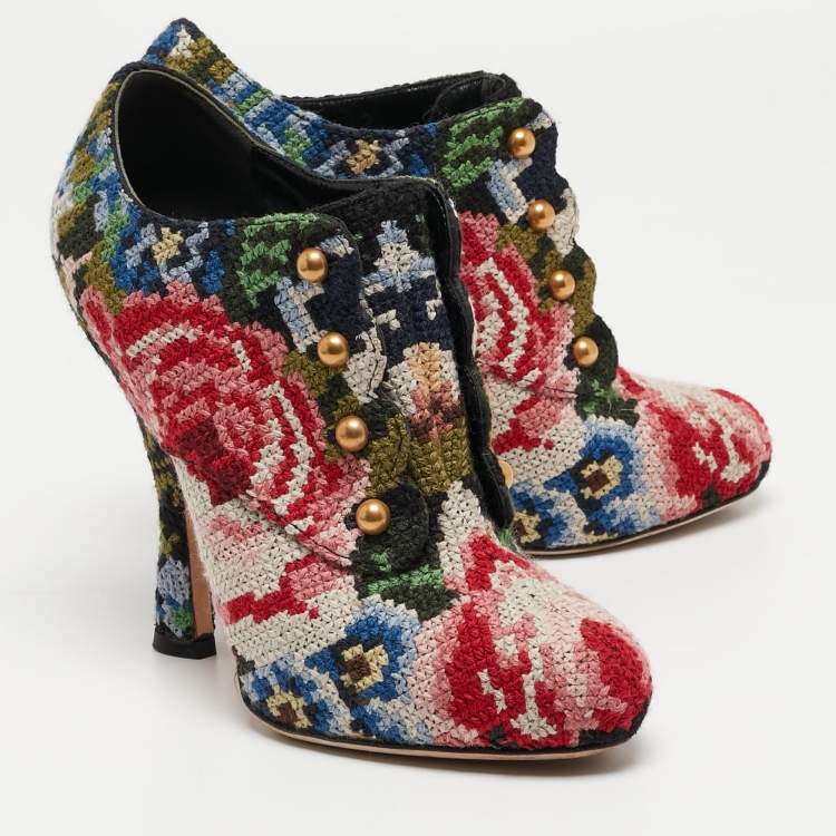 Pre Owned Dolce & Gabbana Multicolor Printed Cotton Blend Fabric Ankle Booties Size 38