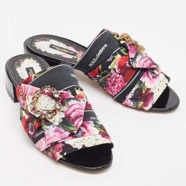 Pre Owned Dolce & Gabbana Multicolor Floral Print Fabric Embellished Slide Sandals Size 39