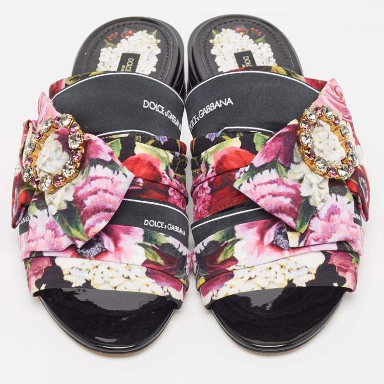 Pre Owned Dolce & Gabbana Multicolor Floral Print Fabric Embellished Slide Sandals Size 39