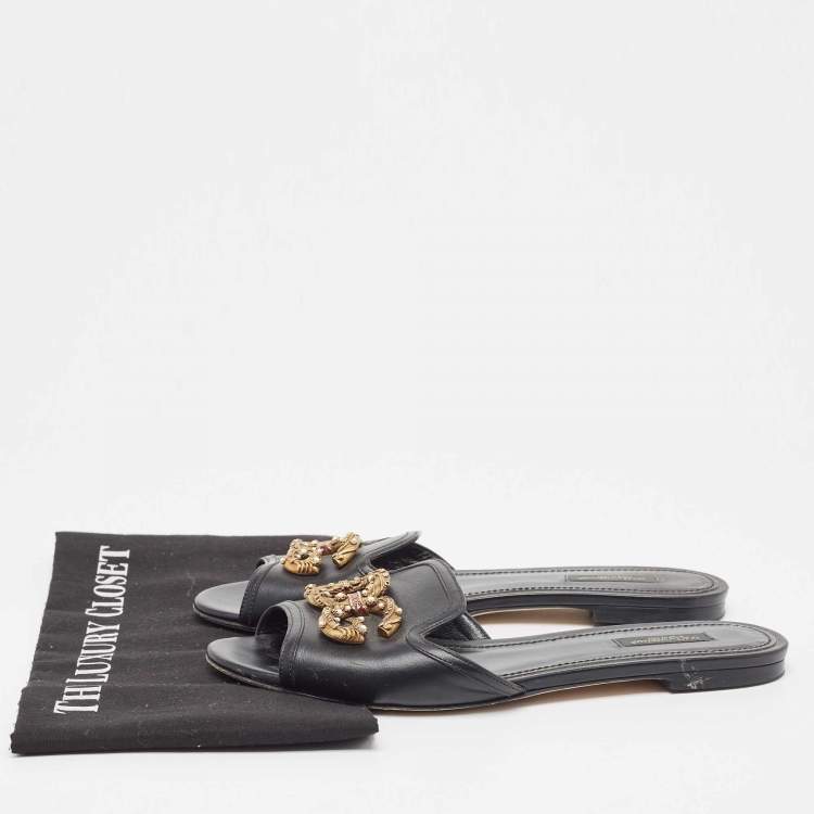 Pre Owned Dolce & Gabbana Black Leather  DG Amore Flat Slides Size 39