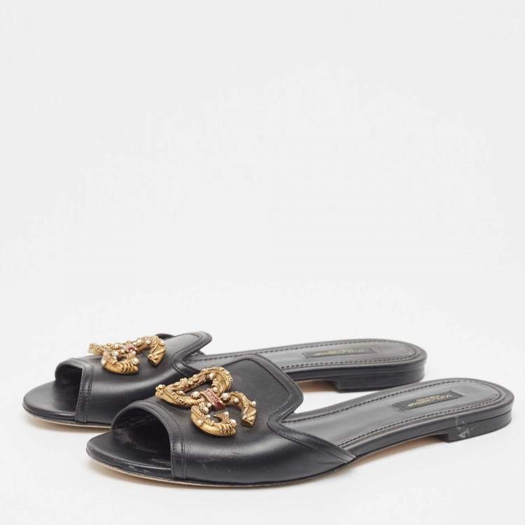 Pre Owned Dolce & Gabbana Black Leather  DG Amore Flat Slides Size 39
