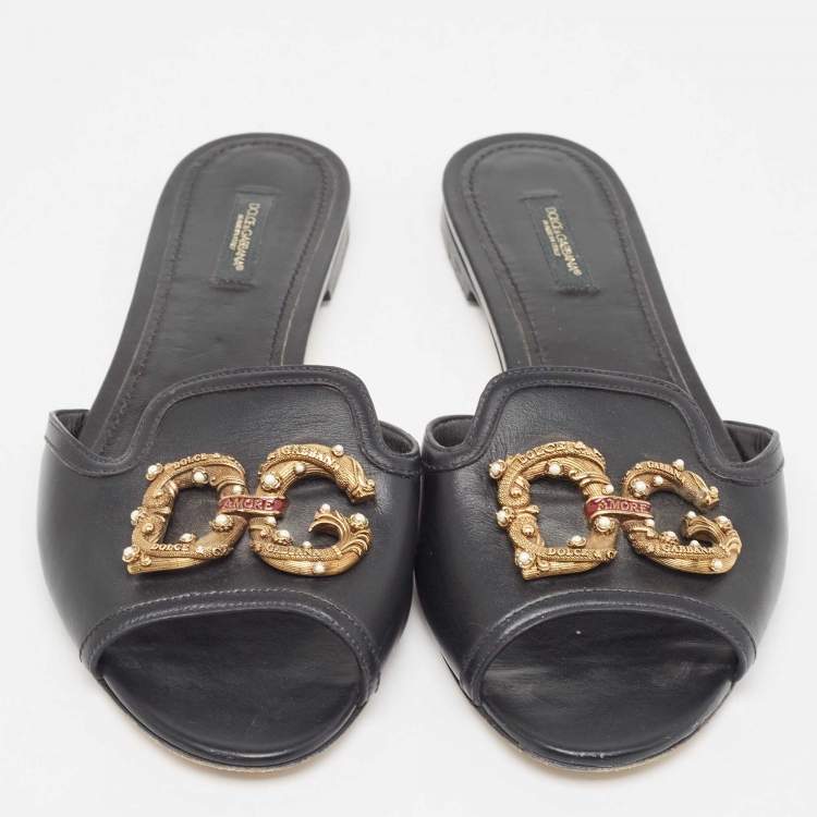Pre Owned Dolce & Gabbana Black Leather  DG Amore Flat Slides Size 39