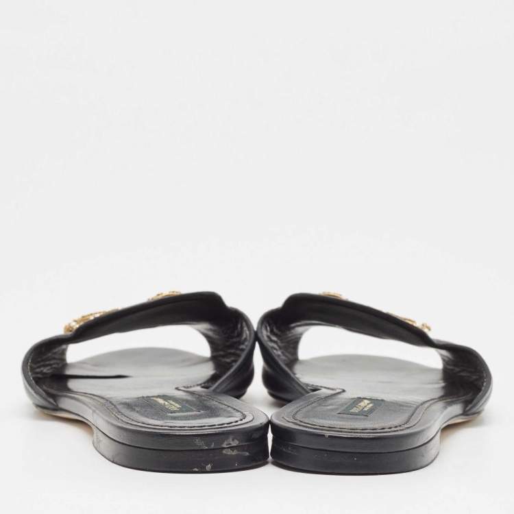 Pre Owned Dolce & Gabbana Black Leather  DG Amore Flat Slides Size 39
