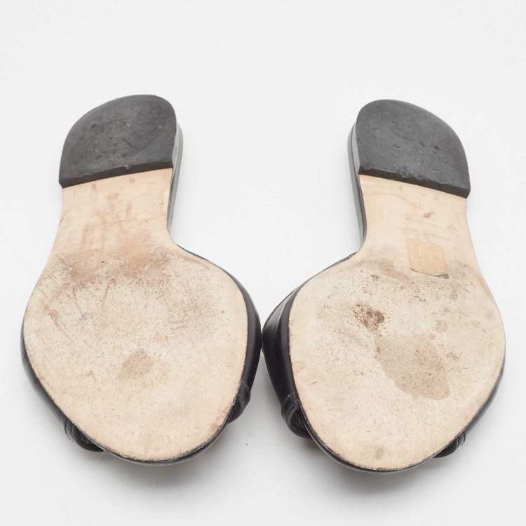 Pre Owned Dolce & Gabbana Black Leather  DG Amore Flat Slides Size 39