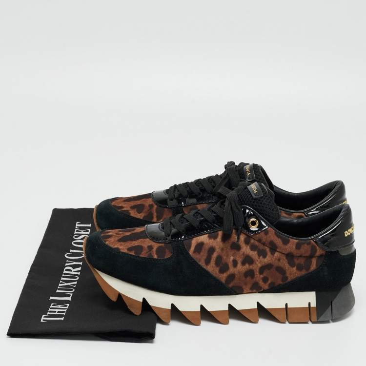 Pre Owned Dolce & Gabbana Black/Brown Suede and Leopard Print Fabric Low Top Sneakers Size 40