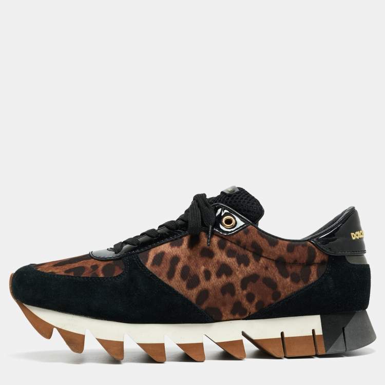 Pre Owned Dolce & Gabbana Black/Brown Suede and Leopard Print Fabric Low Top Sneakers Size 40