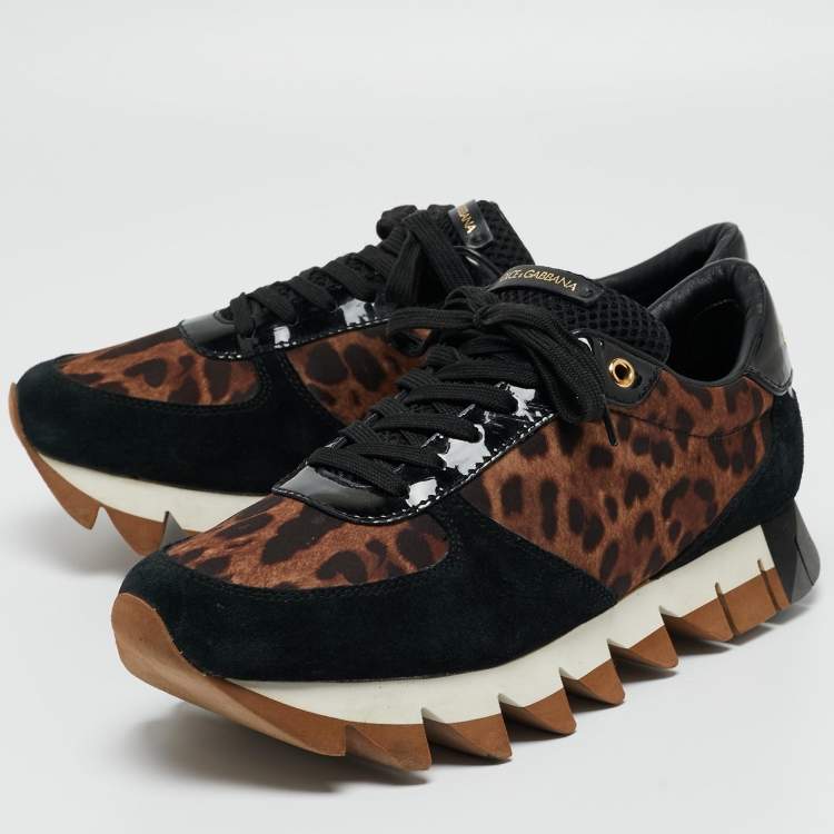 Pre Owned Dolce & Gabbana Black/Brown Suede and Leopard Print Fabric Low Top Sneakers Size 40