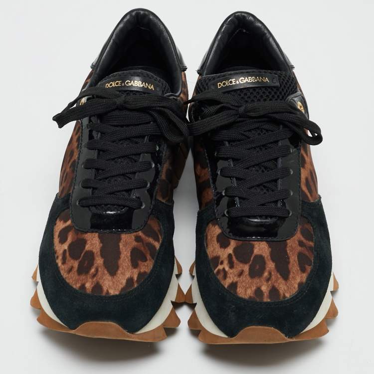 Pre Owned Dolce & Gabbana Black/Brown Suede and Leopard Print Fabric Low Top Sneakers Size 40