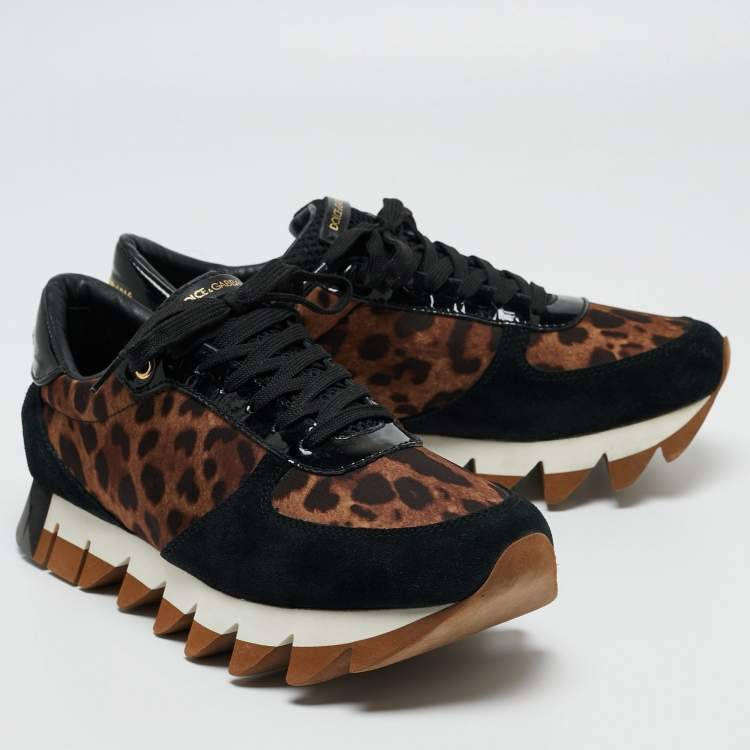 Pre Owned Dolce & Gabbana Black/Brown Suede and Leopard Print Fabric Low Top Sneakers Size 40
