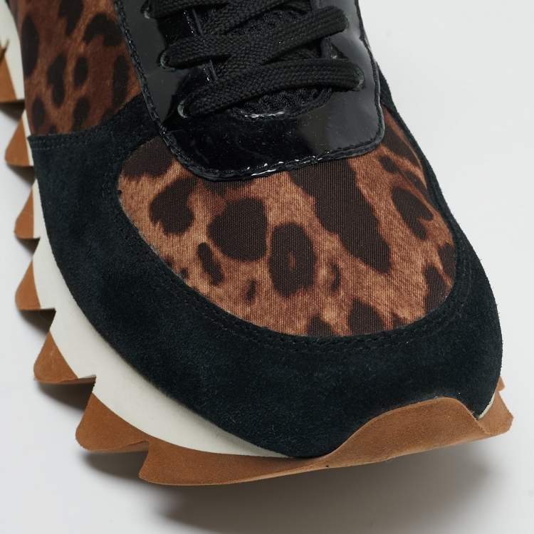 Pre Owned Dolce & Gabbana Black/Brown Suede and Leopard Print Fabric Low Top Sneakers Size 40