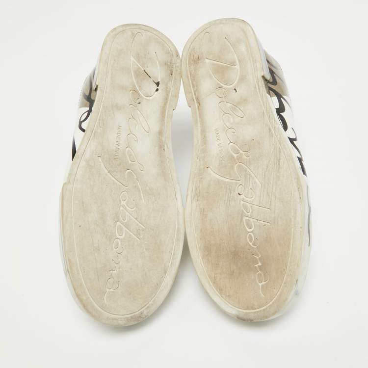 Pre Owned Dolce & Gabbana White/Gold Leather and Patent Logo Print Portofino Sneakers Size 38.5