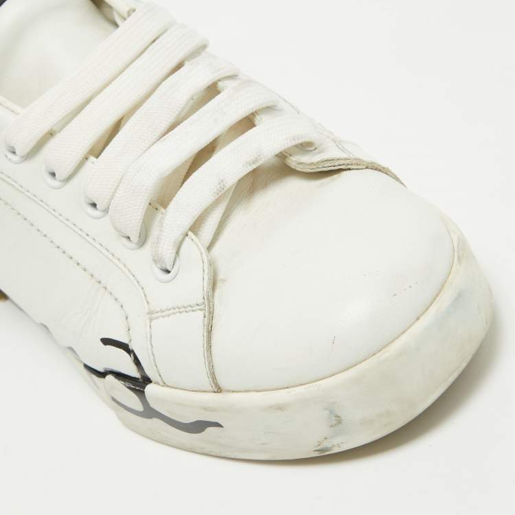Pre Owned Dolce & Gabbana White/Gold Leather and Patent Logo Print Portofino Sneakers Size 38.5