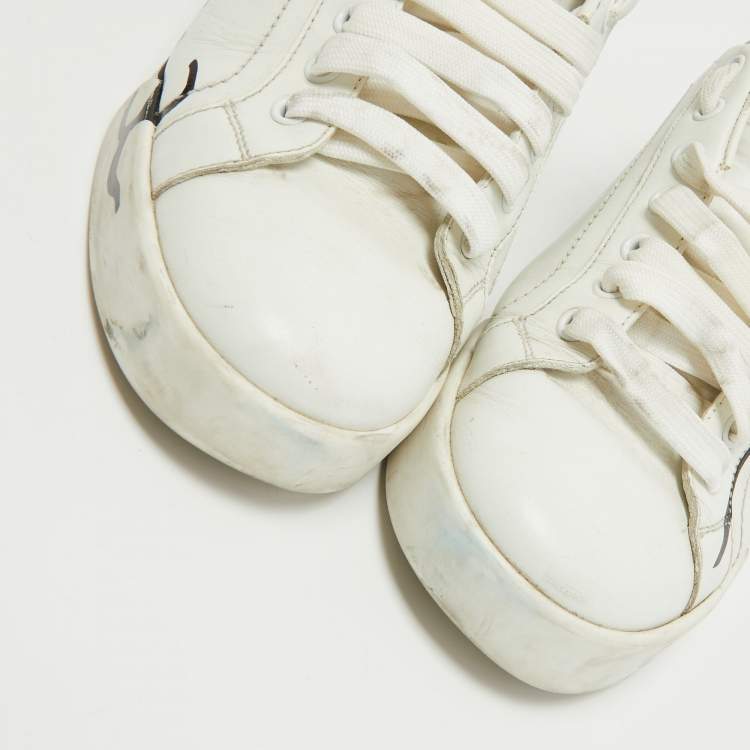 Pre Owned Dolce & Gabbana White/Gold Leather and Patent Logo Print Portofino Sneakers Size 38.5