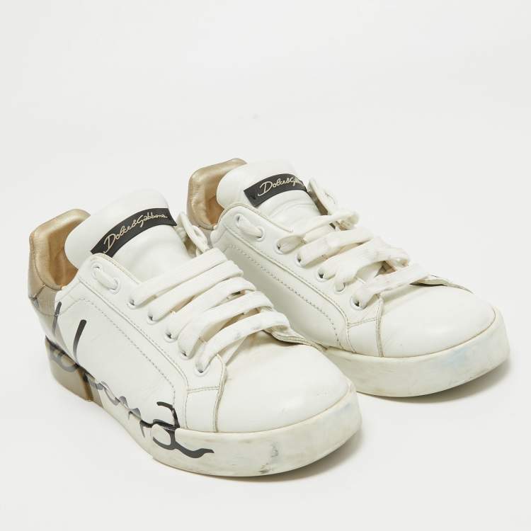 Pre Owned Dolce & Gabbana White/Gold Leather and Patent Logo Print Portofino Sneakers Size 38.5