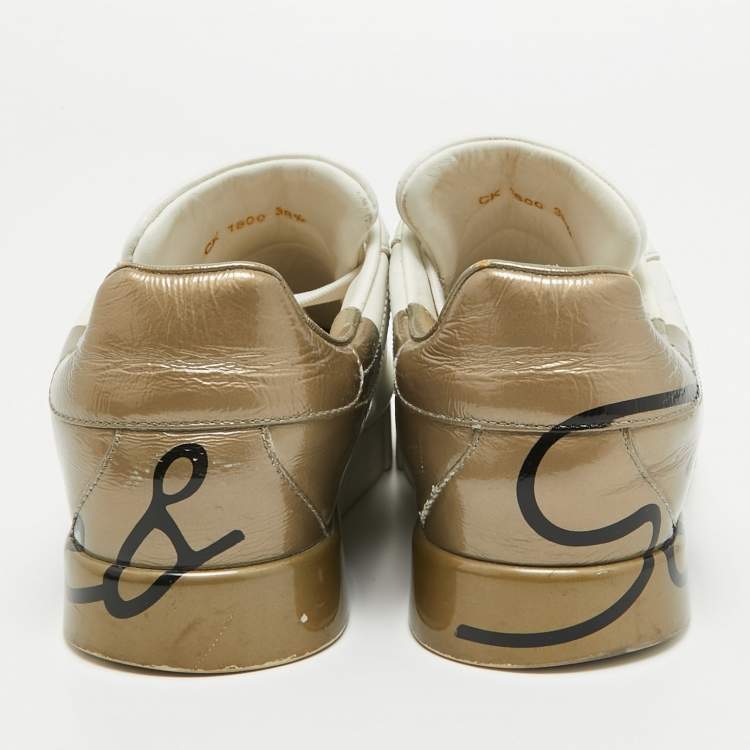 Pre Owned Dolce & Gabbana White/Gold Leather and Patent Logo Print Portofino Sneakers Size 38.5