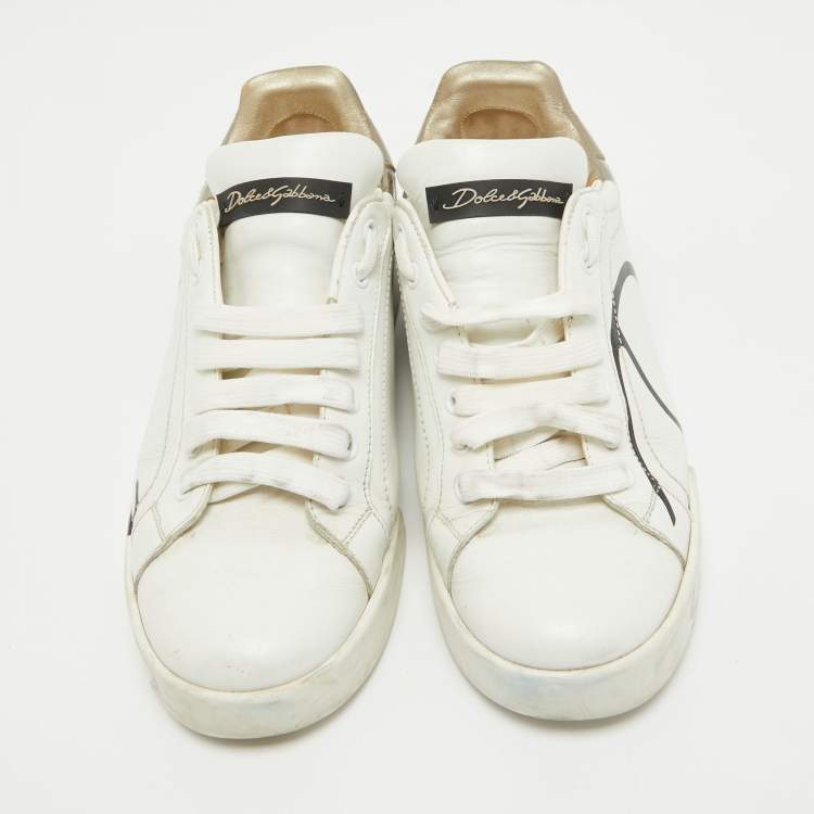 Pre Owned Dolce & Gabbana White/Gold Leather and Patent Logo Print Portofino Sneakers Size 38.5