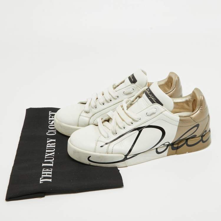 Pre Owned Dolce & Gabbana White/Gold Leather and Patent Logo Print Portofino Sneakers Size 38.5