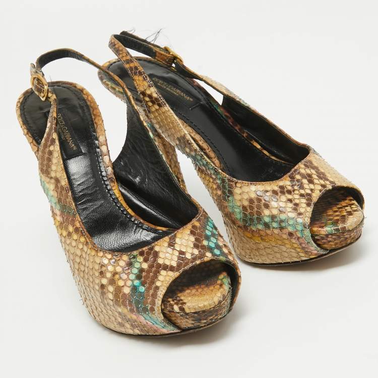 Pre Owned Dolce & Gabbana Beige/Brown Python Leather Slingback  Pumps Size 35.5