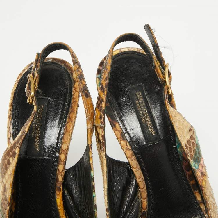 Pre Owned Dolce & Gabbana Beige/Brown Python Leather Slingback  Pumps Size 35.5