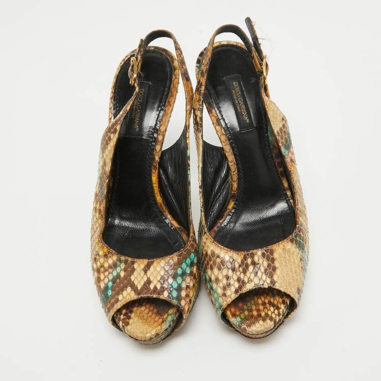 Pre Owned Dolce & Gabbana Beige/Brown Python Leather Slingback  Pumps Size 35.5