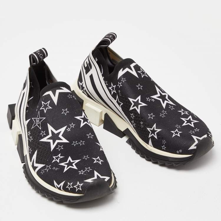 Pre Owned Dolce & Gabbana Black/White Stars Knit Fabric Sorrento Slip-On Sneakers Size 36