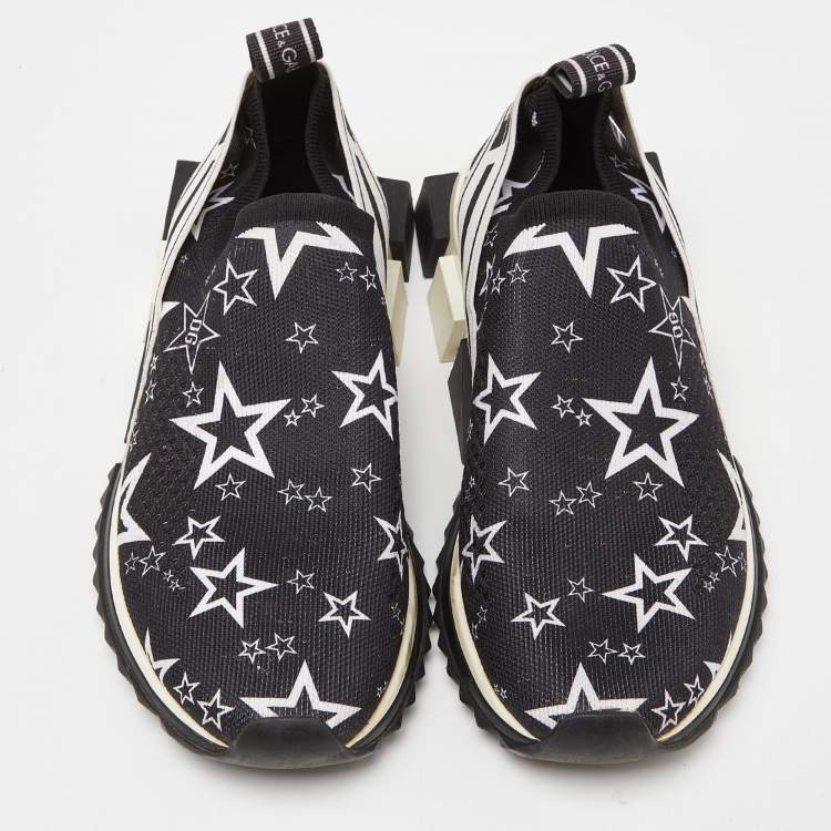 Pre Owned Dolce & Gabbana Black/White Stars Knit Fabric Sorrento Slip-On Sneakers Size 36