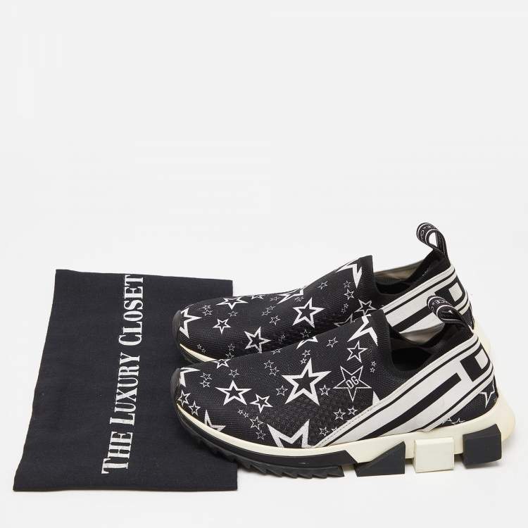 Pre Owned Dolce & Gabbana Black/White Stars Knit Fabric Sorrento Slip-On Sneakers Size 36