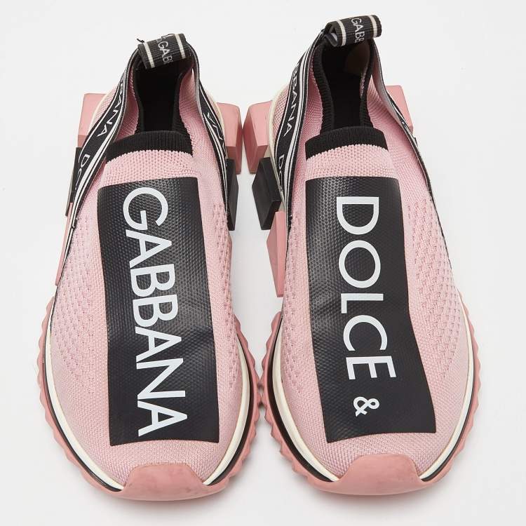 Pre Owned Dolce & Gabbana Pink/Black Knit Fabric Sorrento Slip-On Sneakers Size 36.5