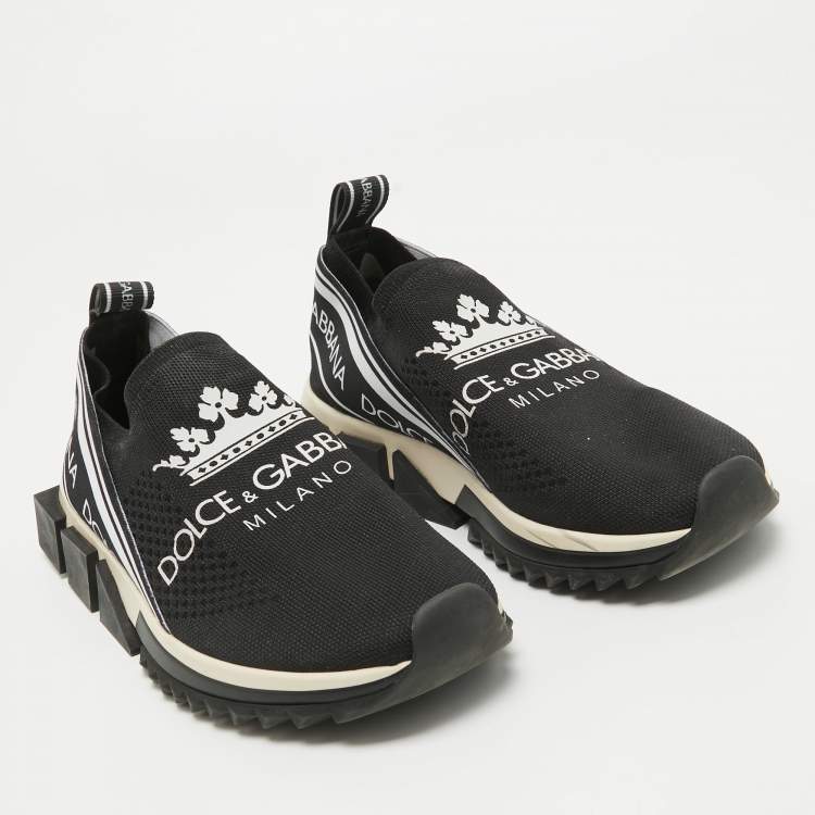 Pre Owned Dolce & Gabbana Black Knit Fabric Crown Print Sorrento Sneakers Size 39