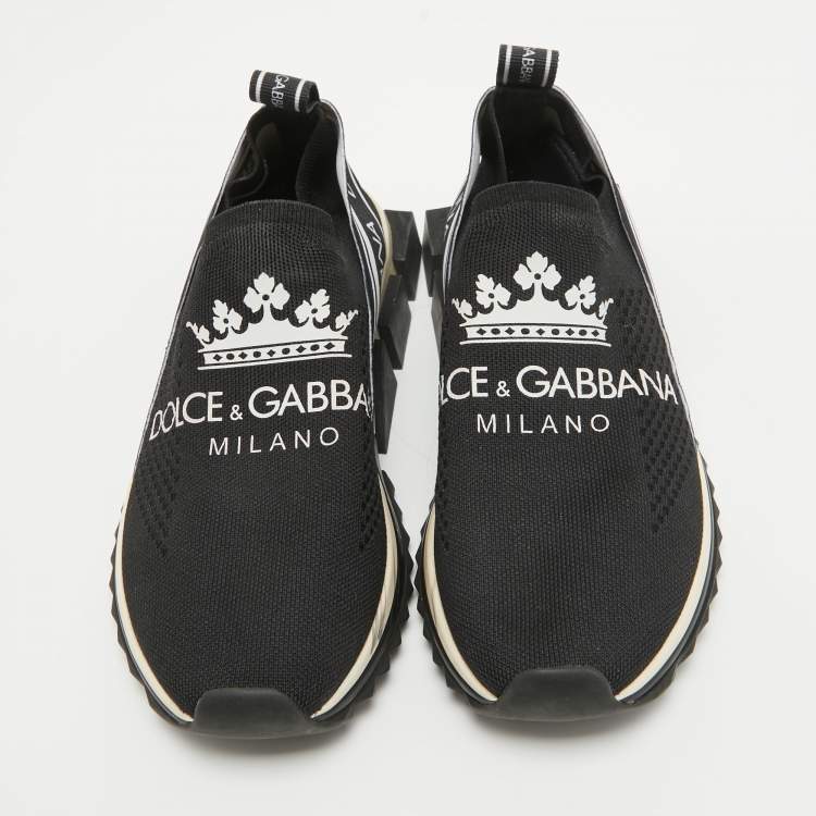 Pre Owned Dolce & Gabbana Black Knit Fabric Crown Print Sorrento Sneakers Size 39