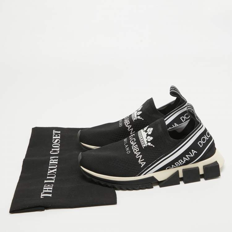 Pre Owned Dolce & Gabbana Black Knit Fabric Crown Print Sorrento Sneakers Size 39