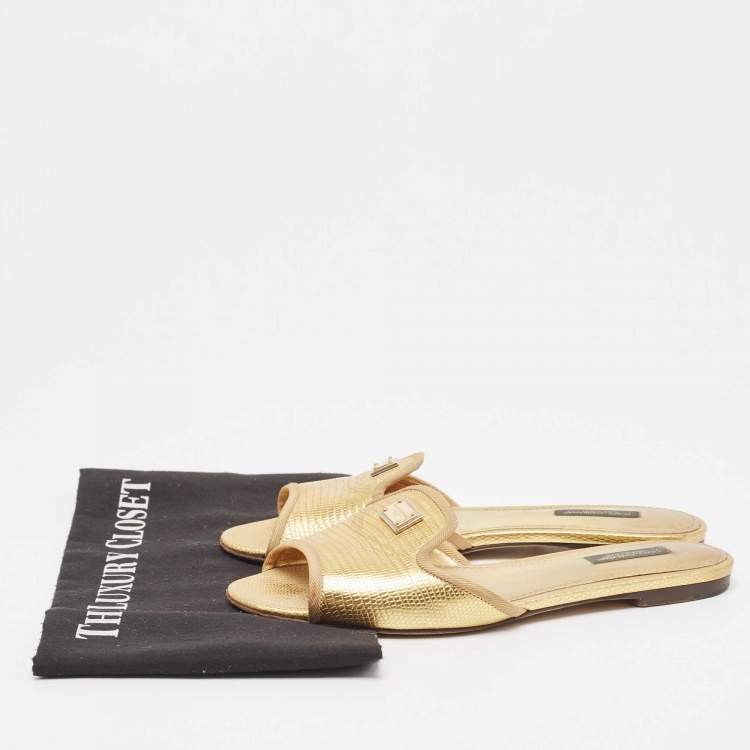 Pre Owned Dolce & Gabbana Metallic Gold Lizard Embossed Leather Flat Slides Size 37.5