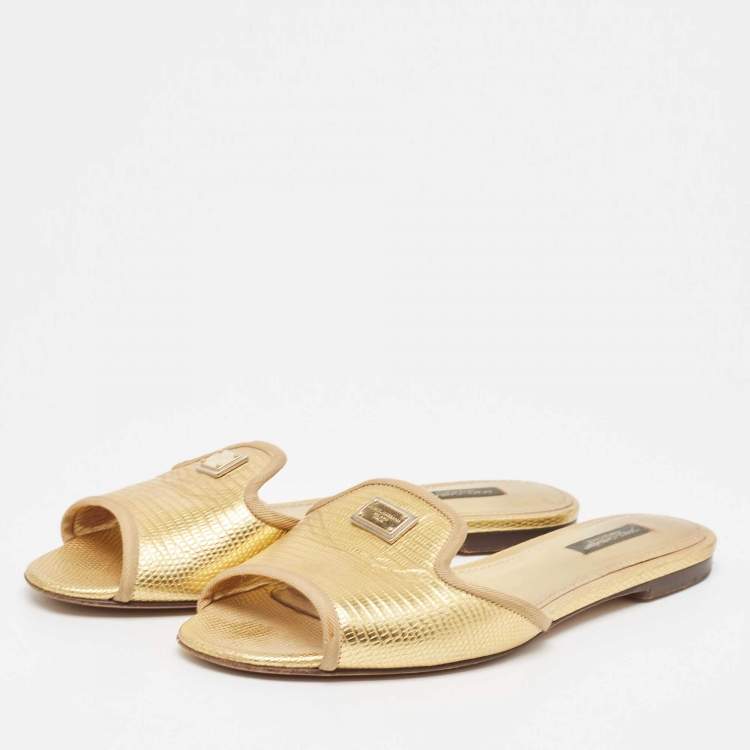 Pre Owned Dolce & Gabbana Metallic Gold Lizard Embossed Leather Flat Slides Size 37.5