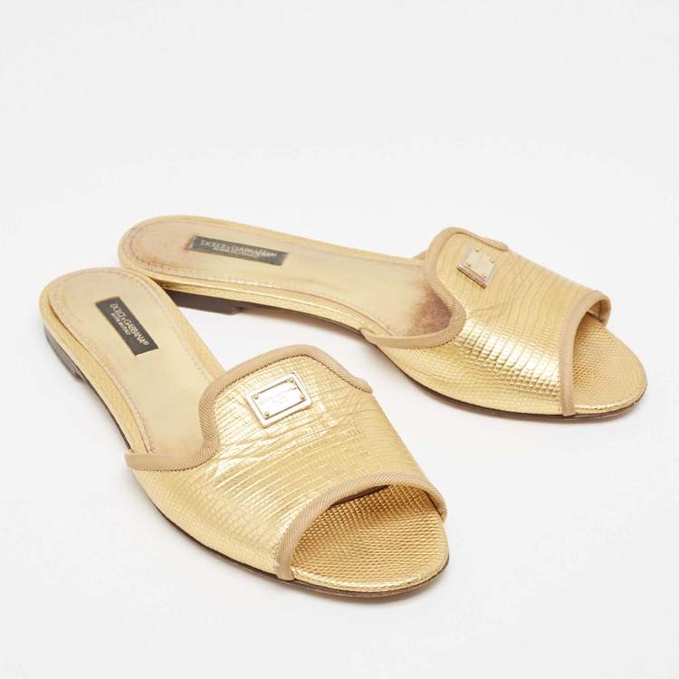 Pre Owned Dolce & Gabbana Metallic Gold Lizard Embossed Leather Flat Slides Size 37.5