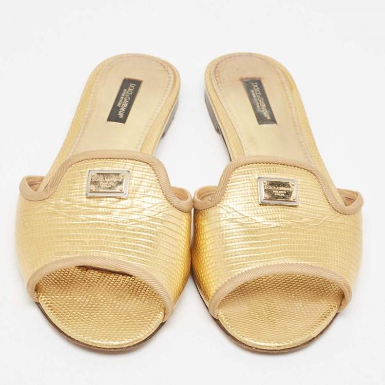 Pre Owned Dolce & Gabbana Metallic Gold Lizard Embossed Leather Flat Slides Size 37.5