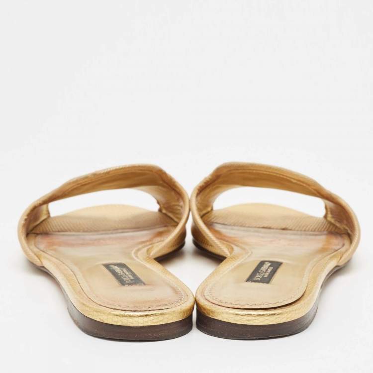 Pre Owned Dolce & Gabbana Metallic Gold Lizard Embossed Leather Flat Slides Size 37.5