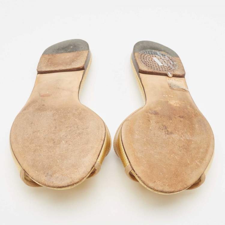 Pre Owned Dolce & Gabbana Metallic Gold Lizard Embossed Leather Flat Slides Size 37.5