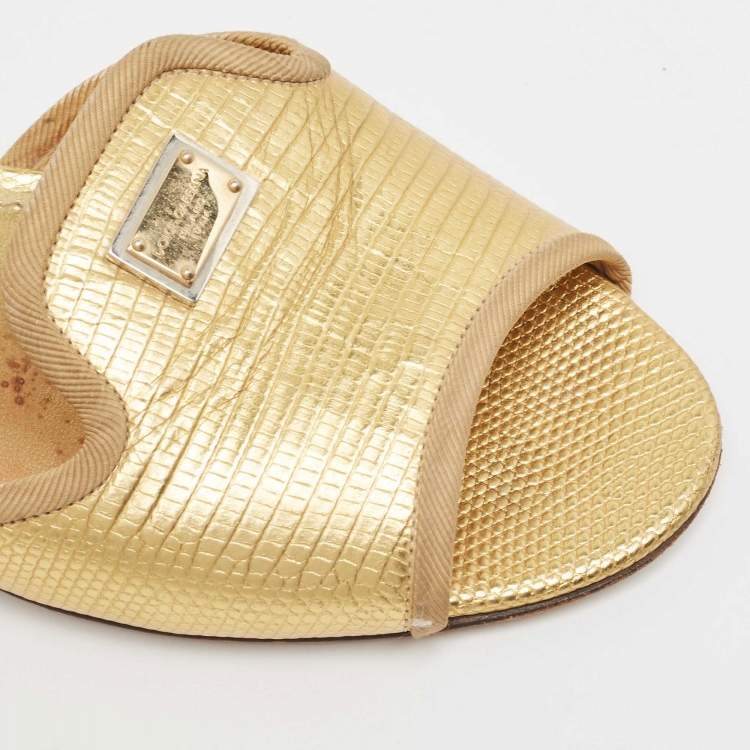 Pre Owned Dolce & Gabbana Metallic Gold Lizard Embossed Leather Flat Slides Size 37.5