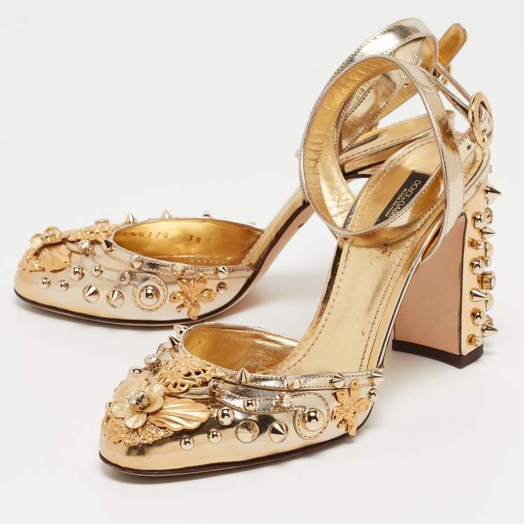 Pre Owned Dolce & Gabbana Gold Foil Leather Embellished Block Heel Ankle Strap Sandals Size 38