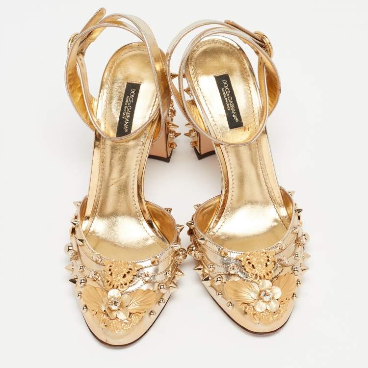 Pre Owned Dolce & Gabbana Gold Foil Leather Embellished Block Heel Ankle Strap Sandals Size 38