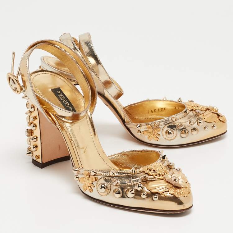 Pre Owned Dolce & Gabbana Gold Foil Leather Embellished Block Heel Ankle Strap Sandals Size 38