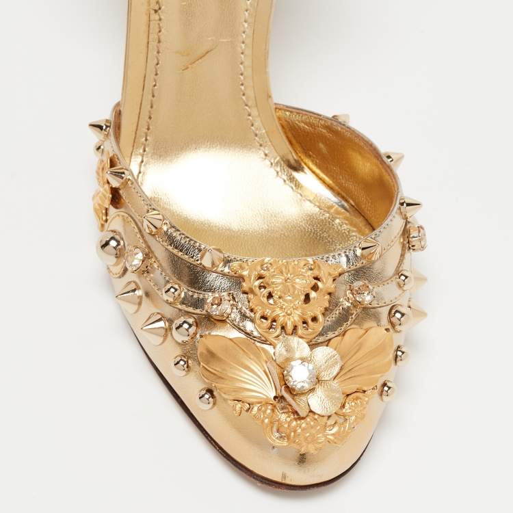 Pre Owned Dolce & Gabbana Gold Foil Leather Embellished Block Heel Ankle Strap Sandals Size 38
