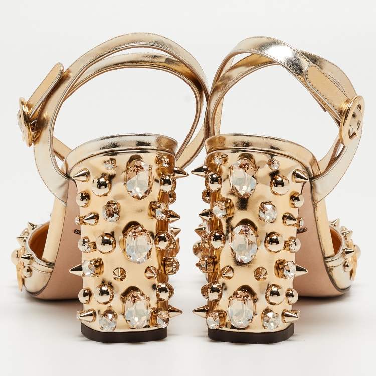Pre Owned Dolce & Gabbana Gold Foil Leather Embellished Block Heel Ankle Strap Sandals Size 38