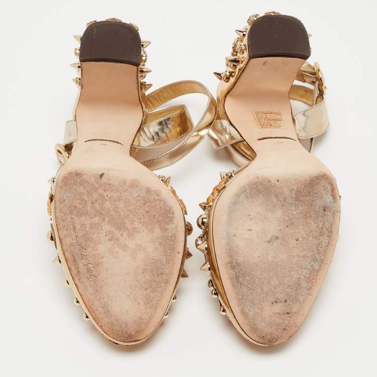 Pre Owned Dolce & Gabbana Gold Foil Leather Embellished Block Heel Ankle Strap Sandals Size 38